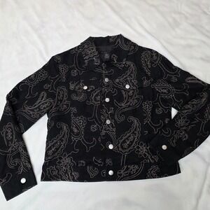 Silkland Petite Black Silk Paisley Embroidered Button Front Jacket PM Medium